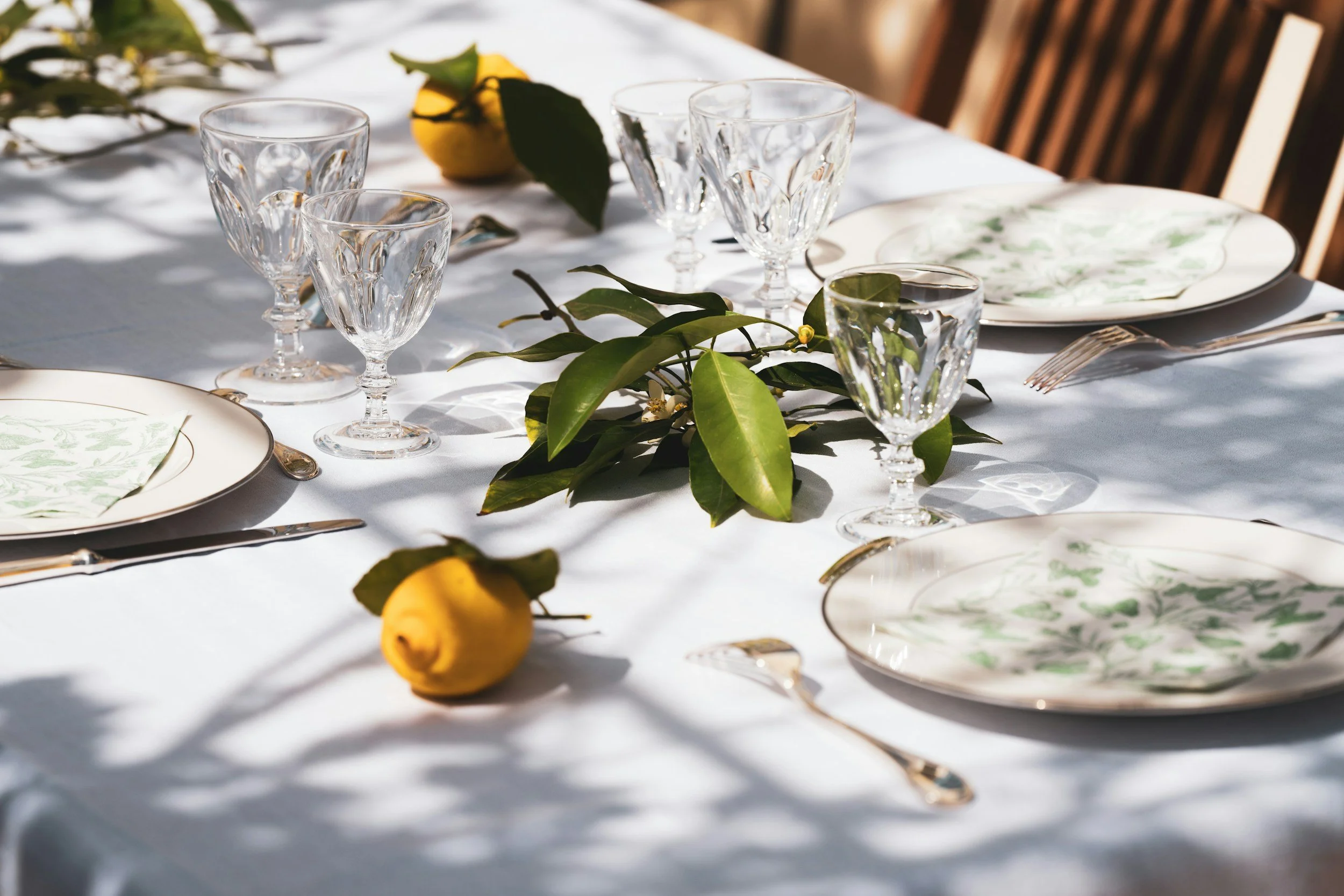 A elegantly set outdoor dining table with glassware, plates, and silverware, decorated with green leaves and yellow lemons on a white tablecloth, sunlight casting shadows.