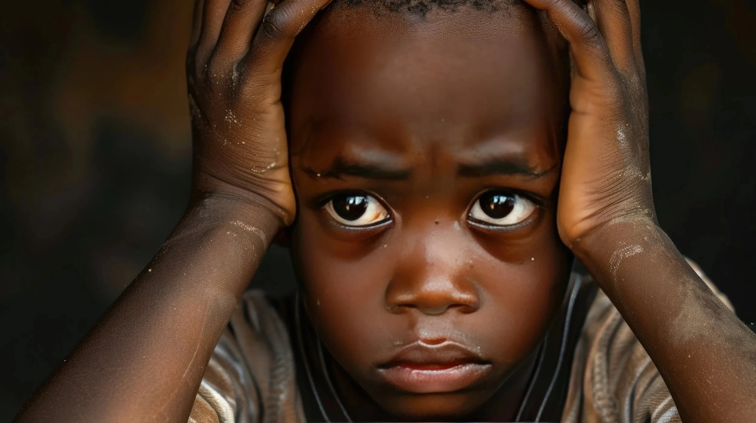 A young child with dark skin holds their head with both hands, looking directly into the camera with a serious expression.  She is worried about her educatation .The child's face and hands are slightly dirty or chalky.