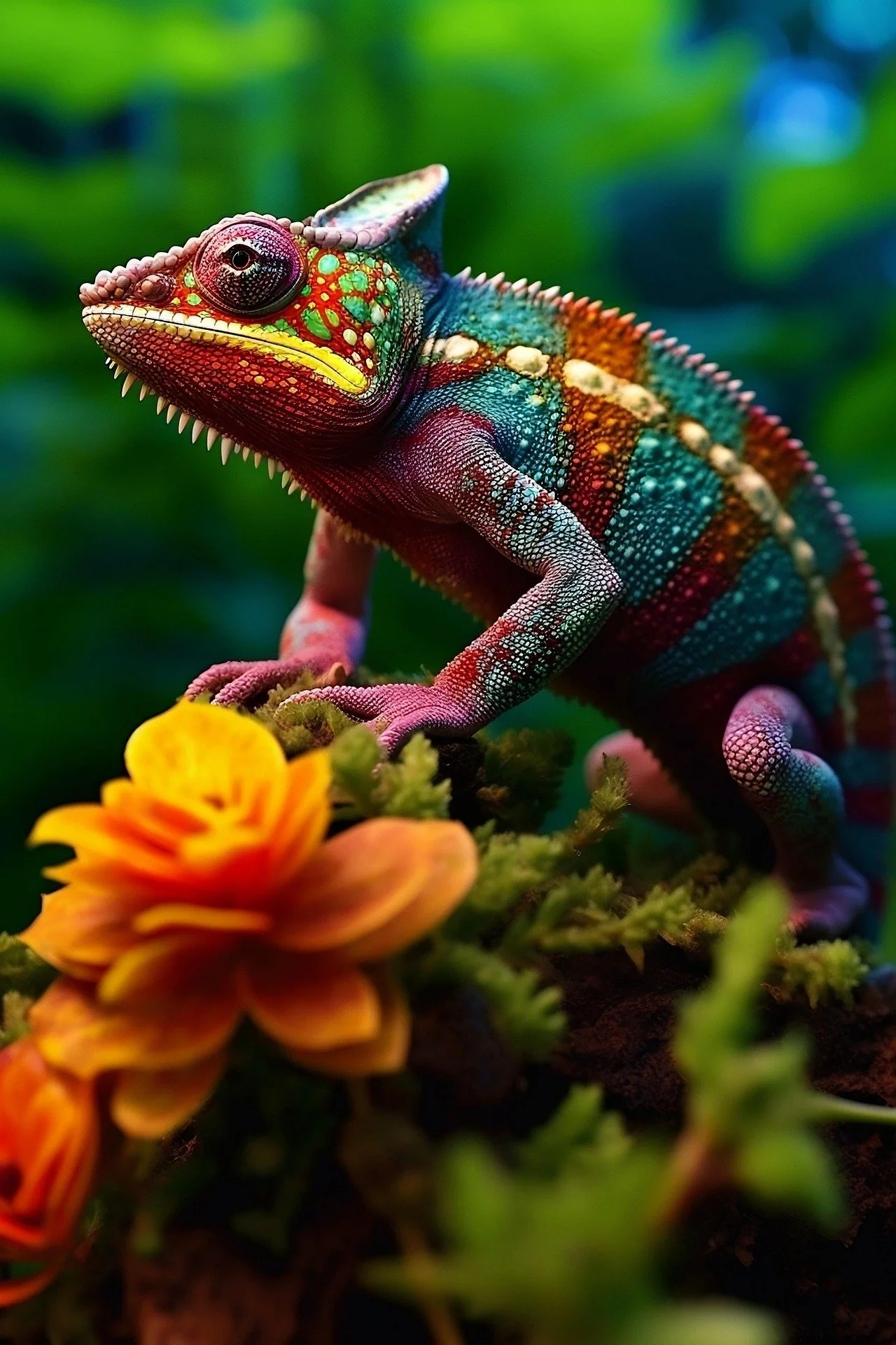 Colorful chameleon sitting on green plants with orange flowers.