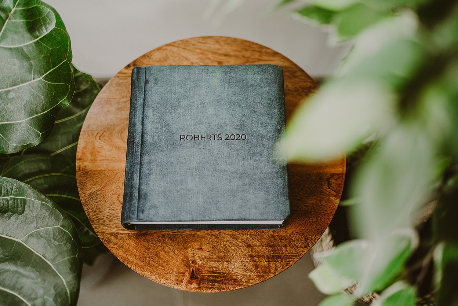 A hardcover blue-gray book titled "ROBERTS 2020" resting on a round wooden table, partially surrounded by green leafy plants.