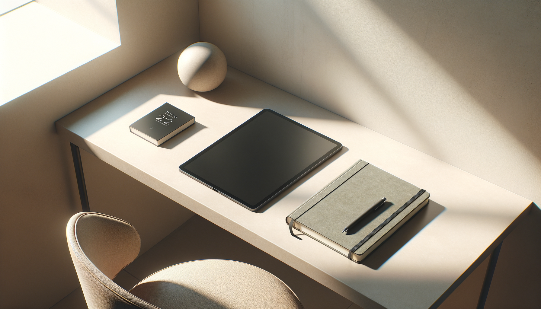 A minimalist desk with a tablet, a closed notebook with a pen on top, a small digital calendar showing April 22, and a decorative sphere, all illuminated by sunlight.