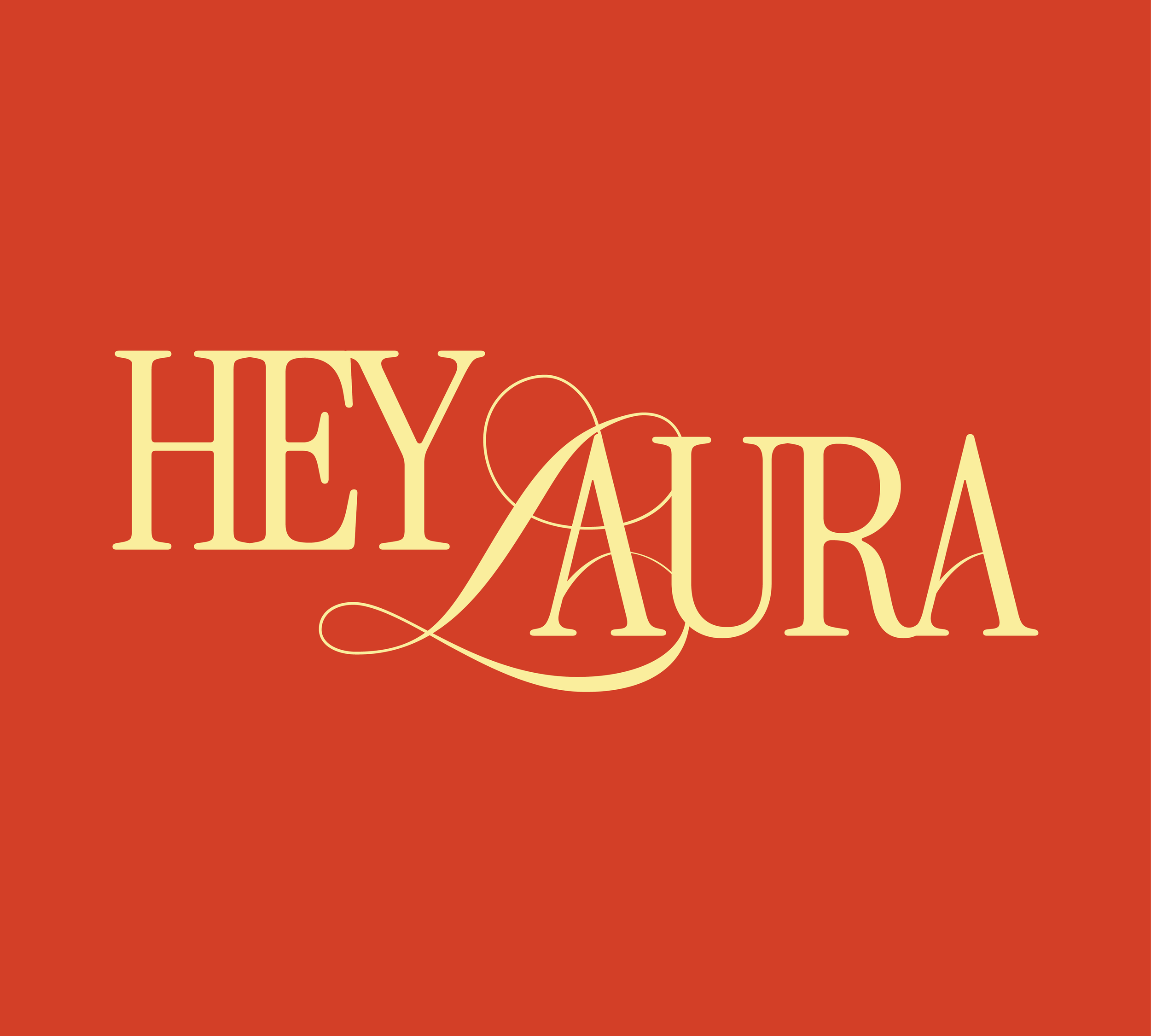 Text that says 'Hey Aura' in cream-colored script on a rust-colored background.