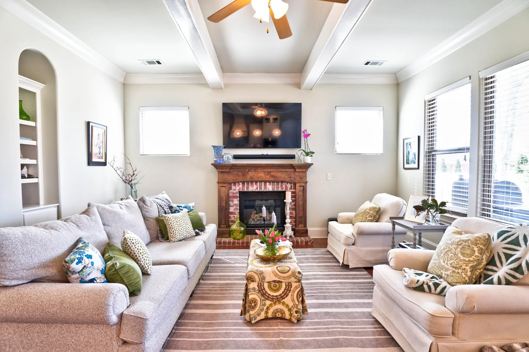Lots of character with beams, fireplace, built in bookshelves, arches in homes off Haynes Dr in Murfreesboro.