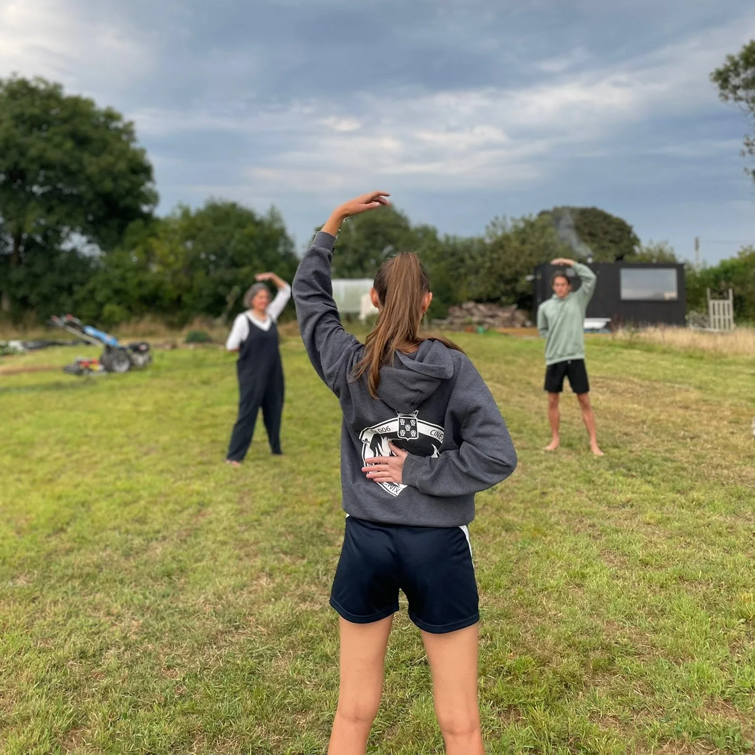 Three people practicing yoga outdoors on a grassy field with trees and a cloudy sky in the background.