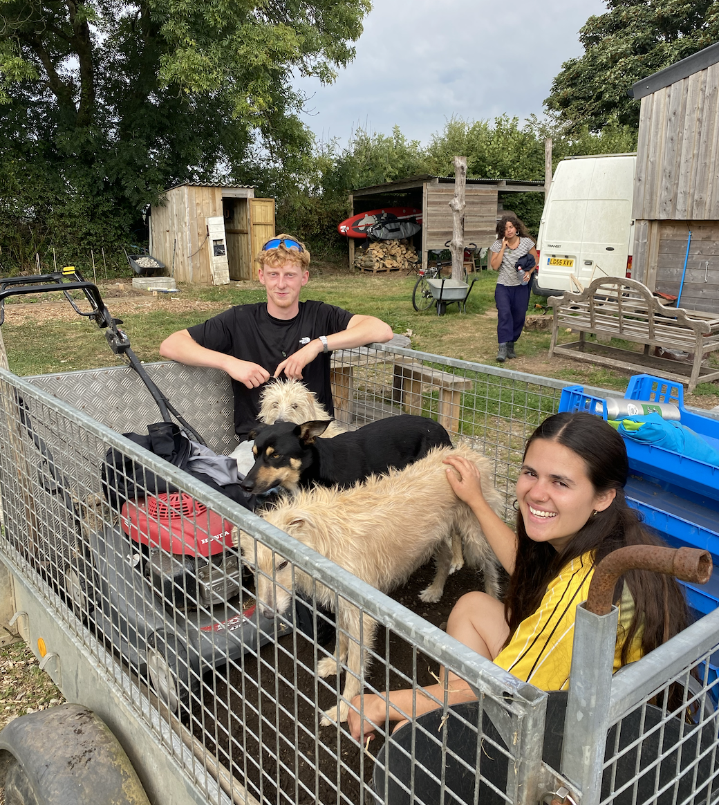 Two young women and a young man are in a metal dog trailer with four dogs, in a backyard with trees, a shed, and a white van. The man is leaning on the side of the trailer, and the woman seated inside is petting one of the dogs, smiling at the camera. In the background, a woman is walking while talking on a cellphone.