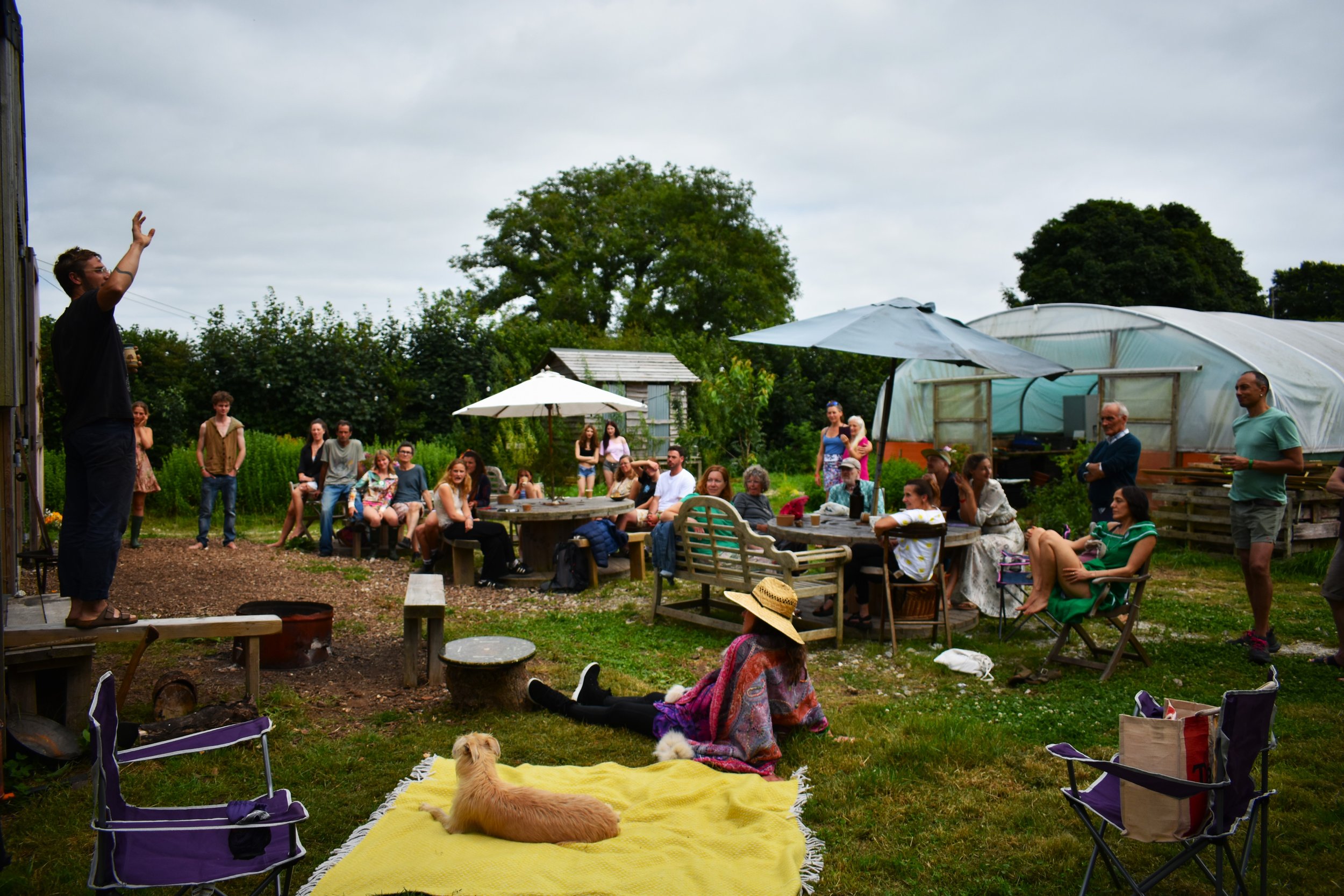 Outdoor gathering with people seated at picnic tables, standing, and listening to a speaker on a small stage, with dogs, umbrellas, and greenery in the background on a cloudy day.