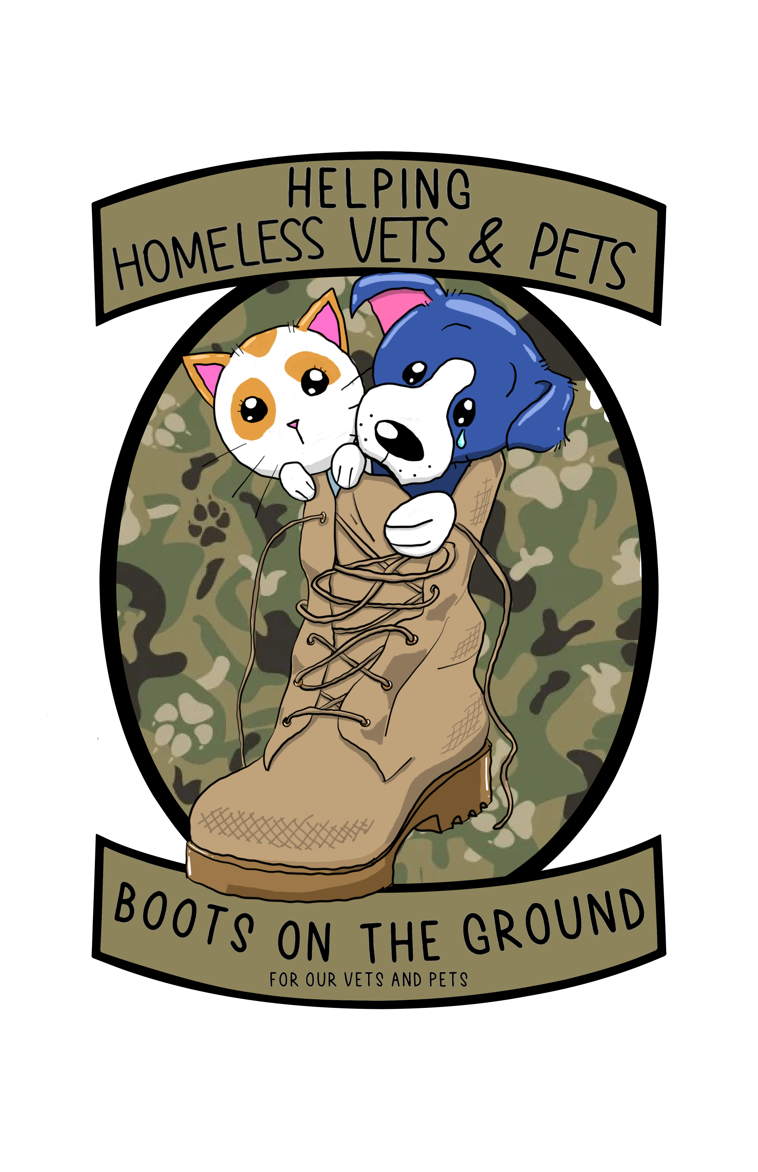 A comic-style illustration of a brown military boot with a brown khaki camouflage background, holding a white cat and a blue dog, with a banner above reading 'Helping Homeless Vets & Pets' and a banner below reading 'Boots on the Ground for Our Vets and Pets'.