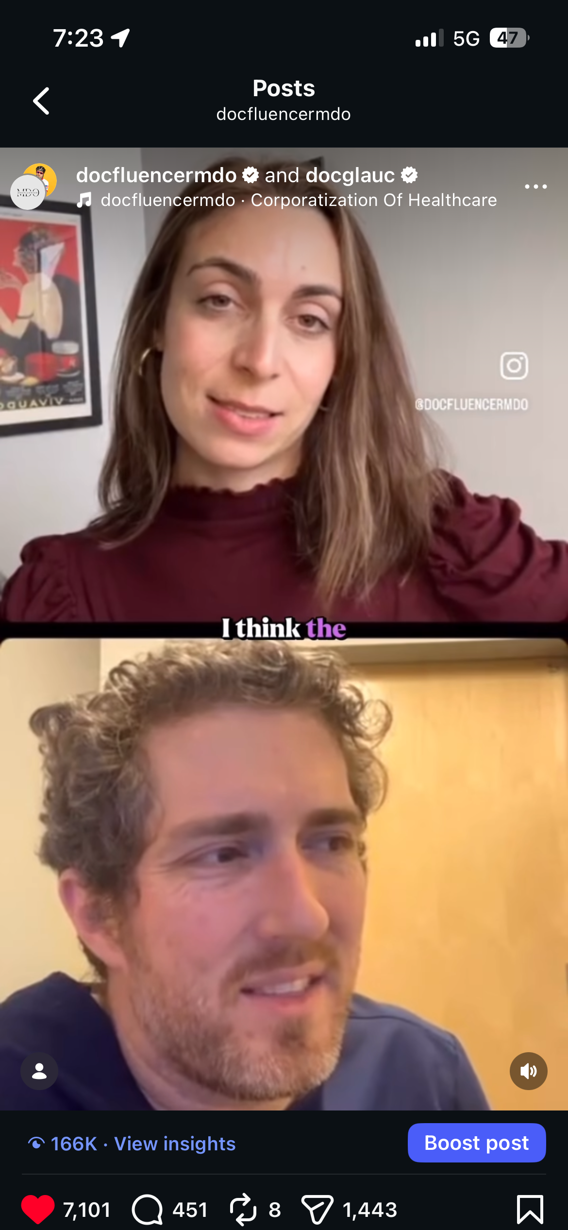 A screenshot of a TikTok video showing a woman and a man in a split view. The woman has shoulder-length brown hair and is wearing a maroon top, while the man has curly hair and a beard, wearing a dark shirt. The background includes framed art on the wall.