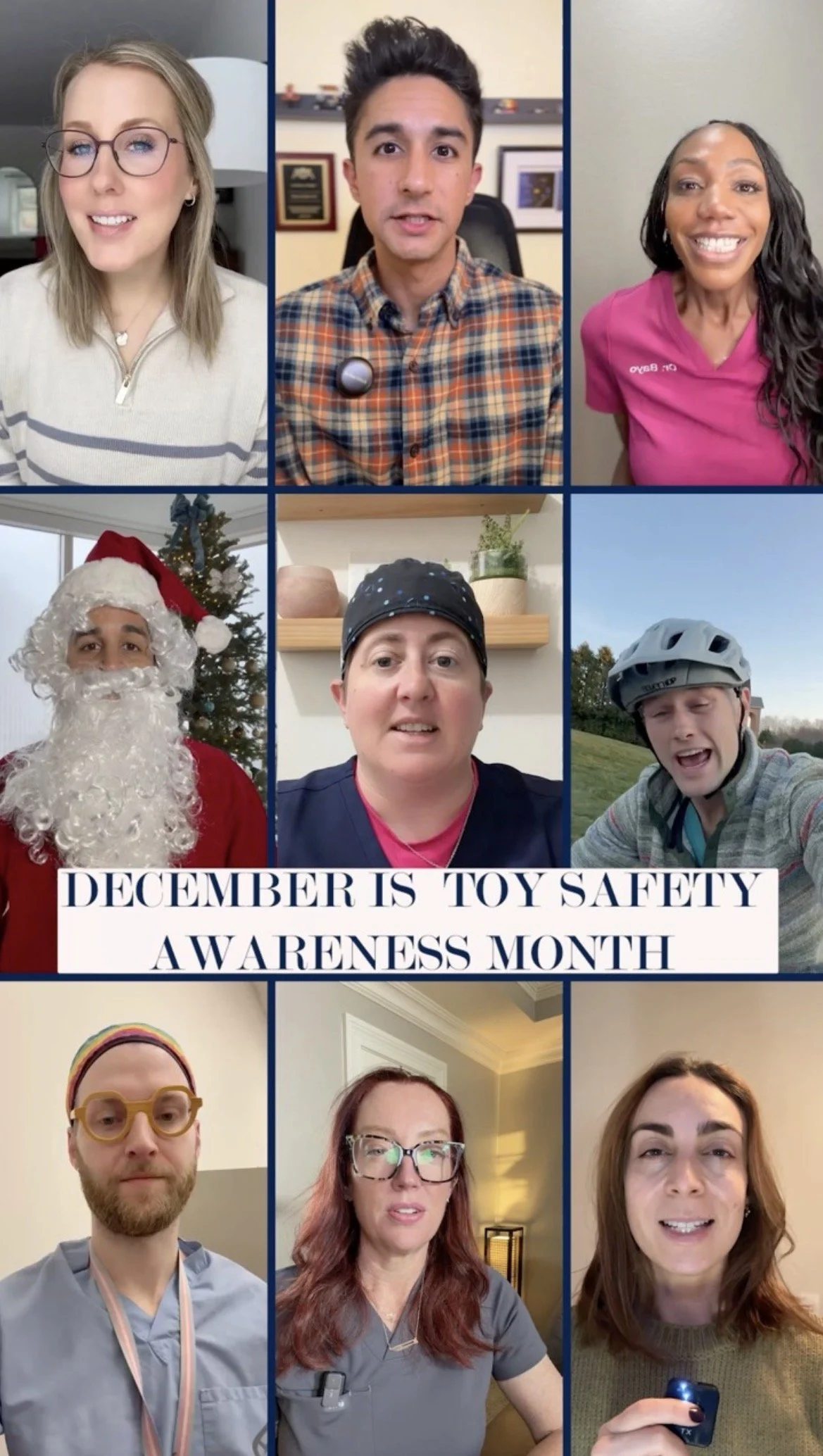 A collage of nine people in virtual meetings, some in costumes, with a message that says "December is Toy Safety Awareness Month".