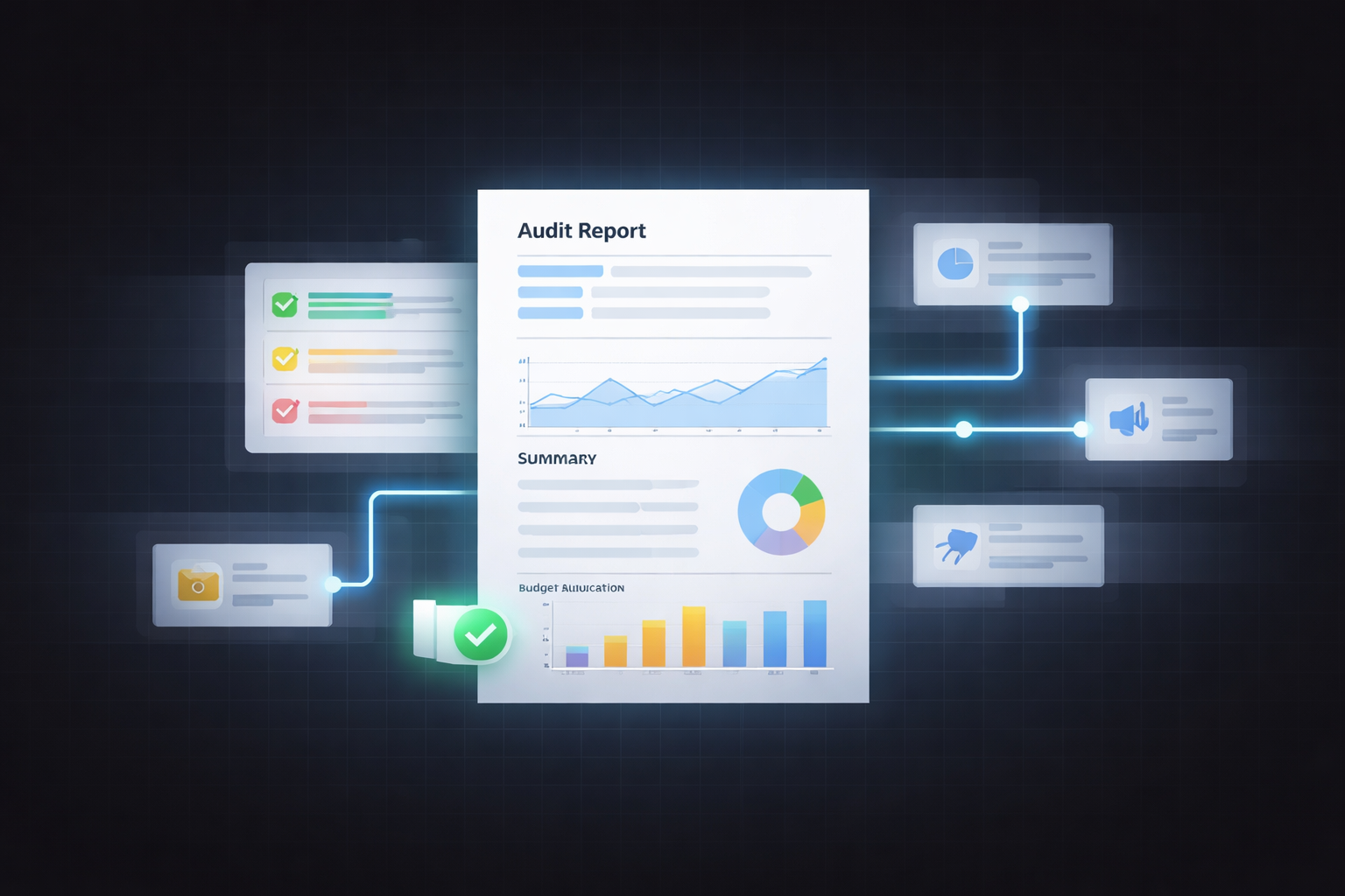 Digital data dashboard showing an audit report with graphs, checklists, pie chart, bar chart, and icons connected by glowing lines on a dark background.