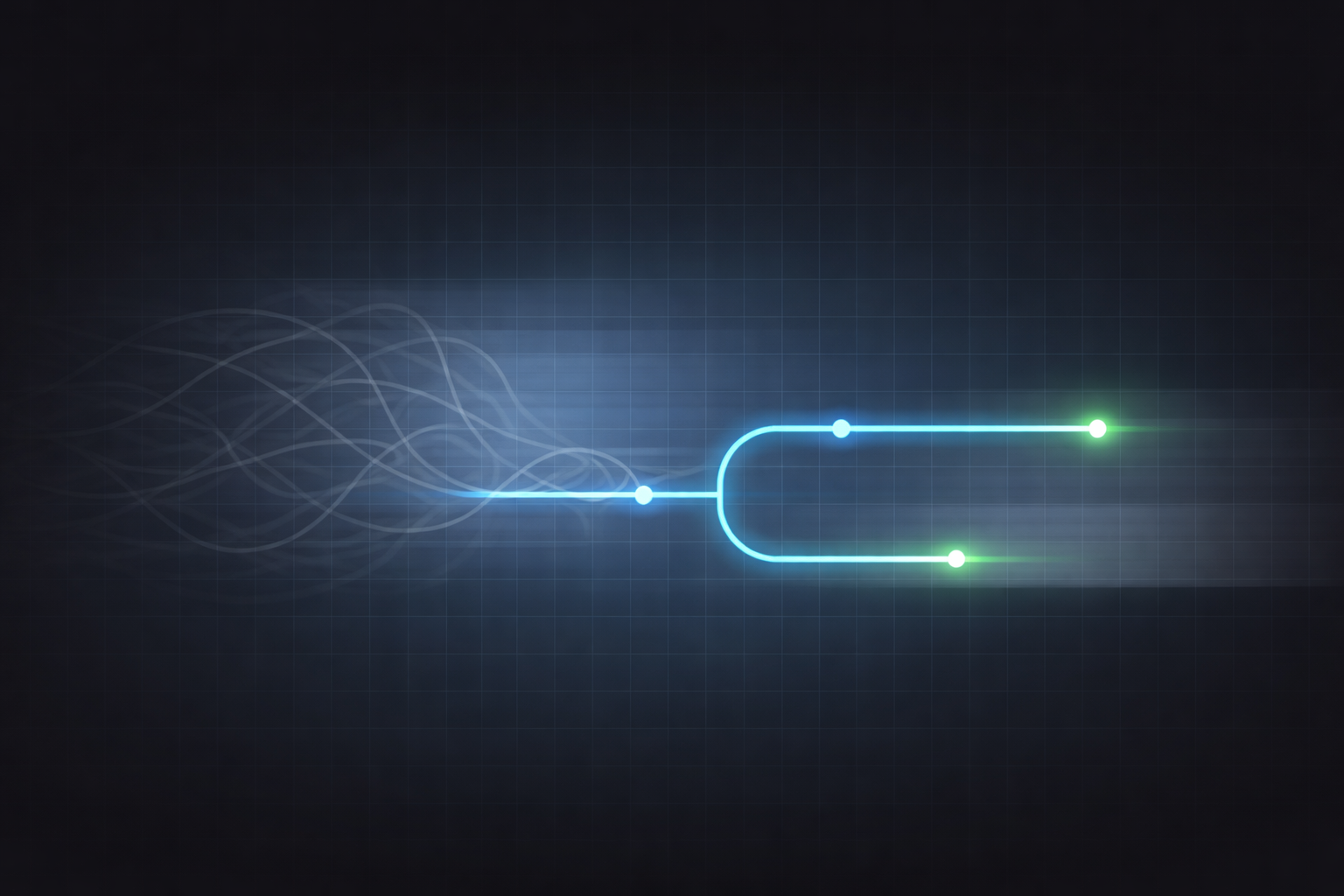 Digital illustration of a neural network with interconnected nodes, showing data flowing through a processing pathway.