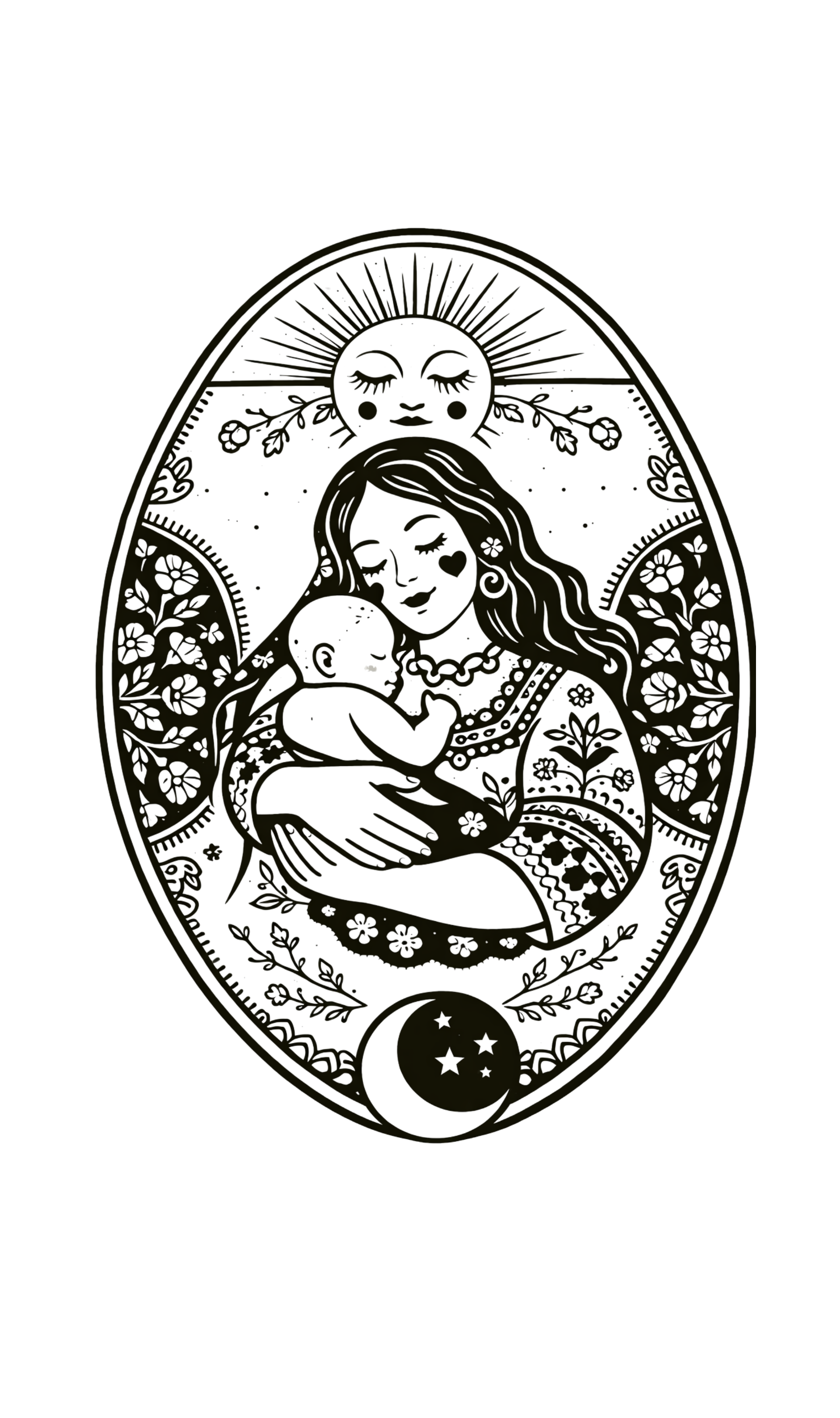 Illustration of Mother Mary holding Baby Jesus, surrounded by floral patterns, with a sun and moon in the background.