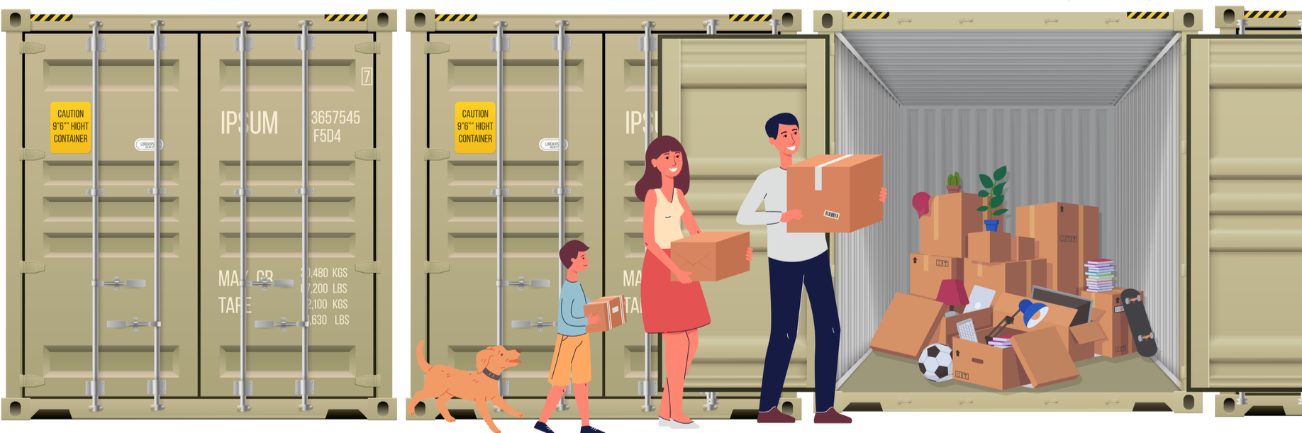 Family unpacking moving boxes inside a storage container with a skateboard, soccer ball, laptop, socks, stairs, and plants visible among the boxes.