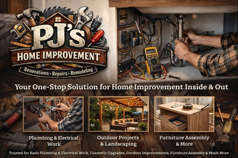 Advertisement for PJ's Home Improvement featuring logos and images related to plumbing, electrical work, outdoor projects, and furniture assembly.