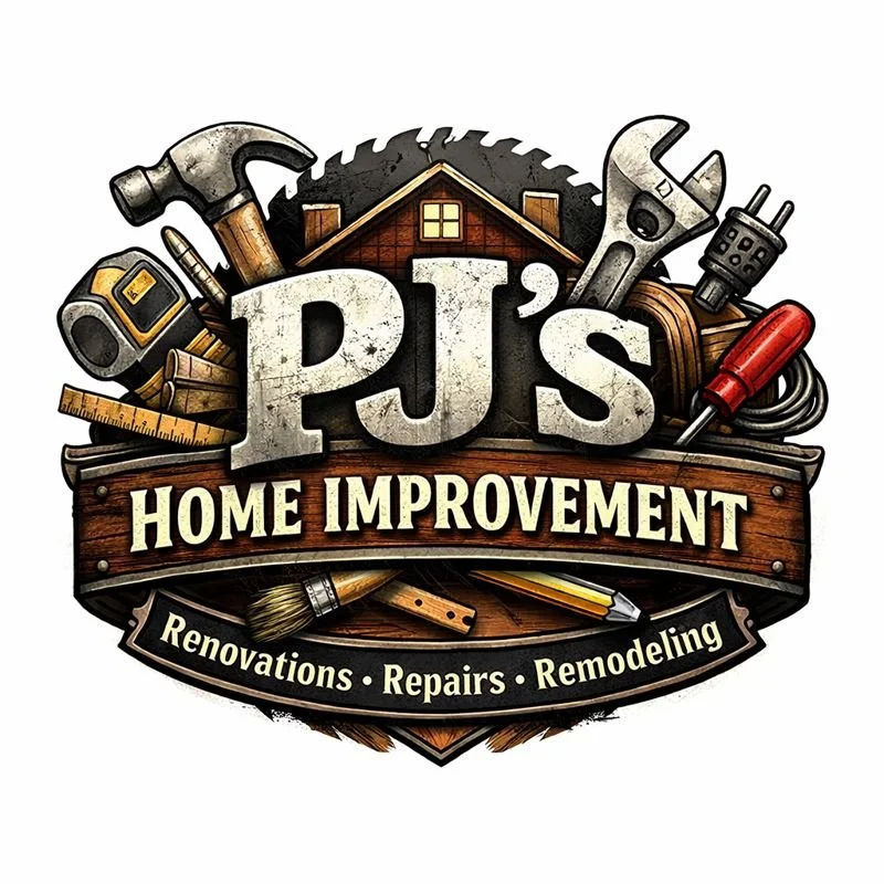 Logo for PJS Home Improvement featuring tools like hammer, saw, wrench, screwdriver, tape measure, paintbrush, and house outline, with text promoting renovations, repairs, and remodeling.