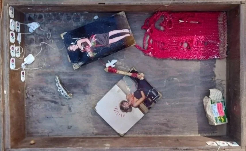 Salvage State. Things the flood took from LadyShrine II: Rose from my mother’s father’s funeral, 17 tea tags consumed by the artist, Mother and Baby fern, Cardinal feather. Things the flood gave to LadyShrine II: Floodmud, Release.