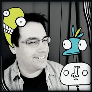 A black and white photo of Steve Klinetobe wearing glasses, smiling, with three cartoon monster characters around him.