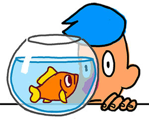 A person with blue hair looking at a goldfish in a small fishbowl.