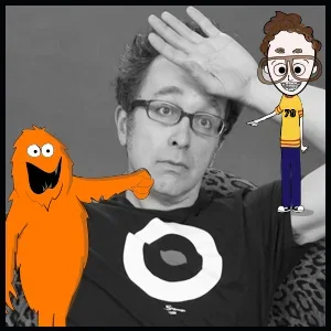 A black-and-white photo of a young man wearing glasses, holding up his hand as if stopping or shielding, with cartoon characters overlaid. An orange furry monster with a big smile and outstretched arm is on the left, and a small animated man with glasses, brown hair, a yellow shirt, and blue pants is on the right, pointing to the left.