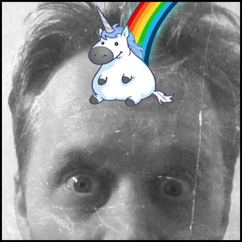 Black and white photo of Rich Moyer's face with a digital unicorn and rainbow illustration overlaid on the forehead.