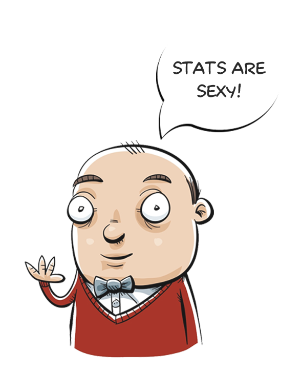 Cartoon man with a bow tie and red sweater, with wide eyes and a speech bubble saying "STATS ARE SEXY!"
