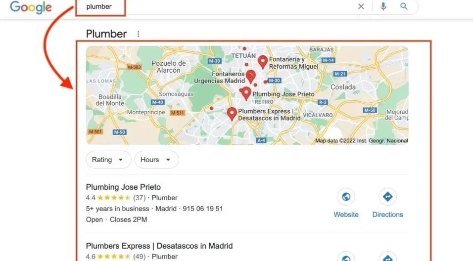 Google search results for plumbing services in Madrid, showing a map with red location pins and two plumbing businesses listed with ratings, phone numbers, and hours of operation.
