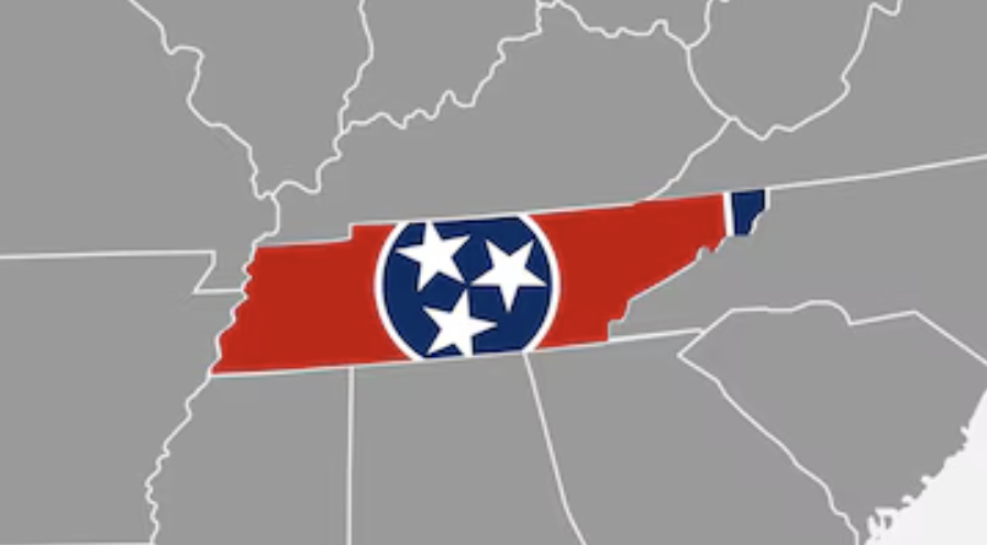 Map of Tennessee in red with the Tennessee state flag in the center, overlayed on a gray map of the southeastern United States.