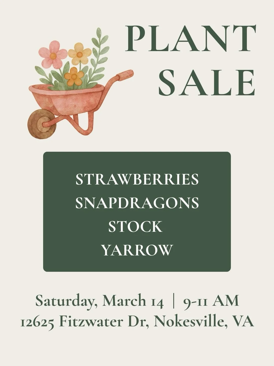 We will have plants available for sale this Saturday, March 14, from 9-11am! Come see us in the parking lot of Renaissance Montessori School at 12625 Fitzwater Drive, Nokesville, VA. 

We have strawberries, snapdragons, stock, and yarrow available th