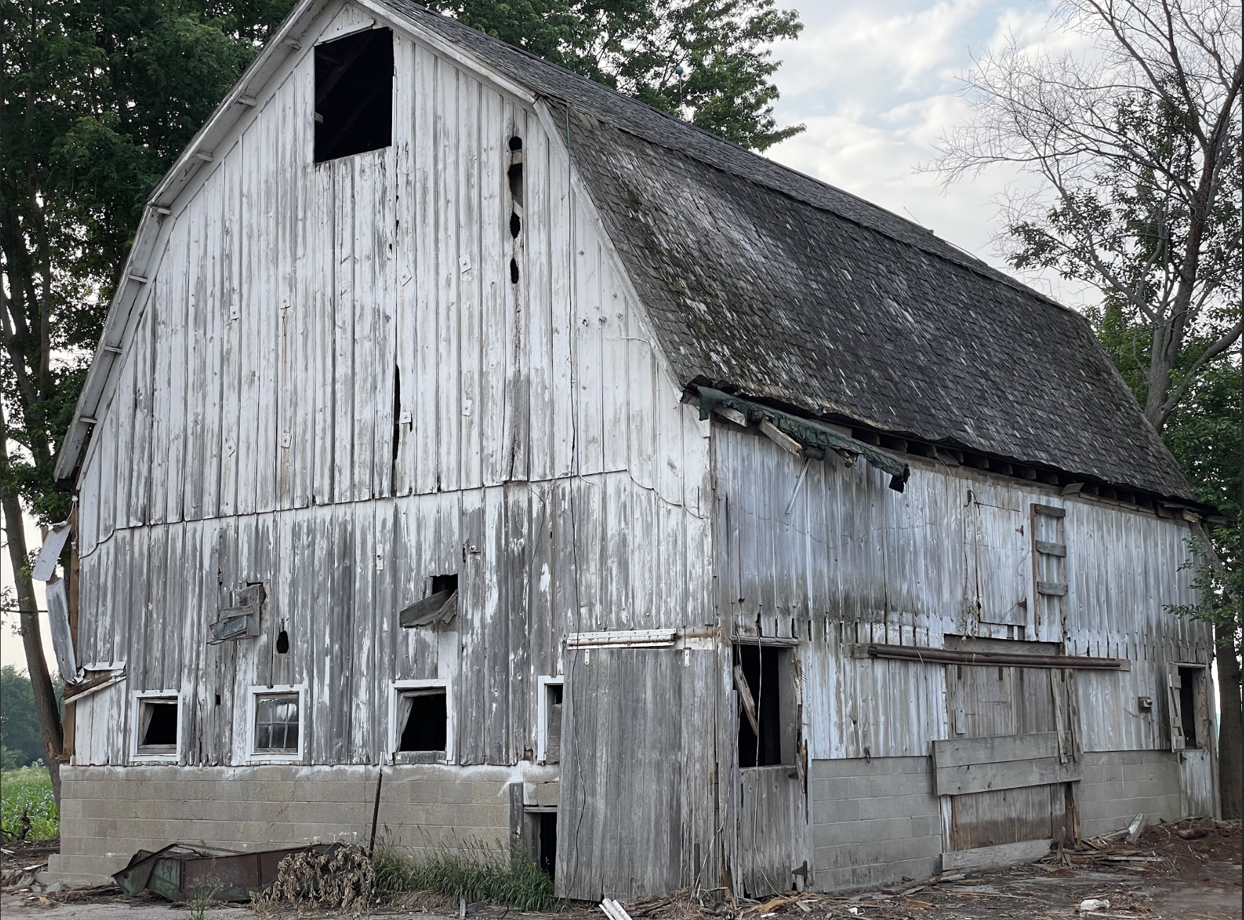 An old, weathered barn with peeling gray and white wooden siding and a deteriorated shingled roof, surrounded by trees.