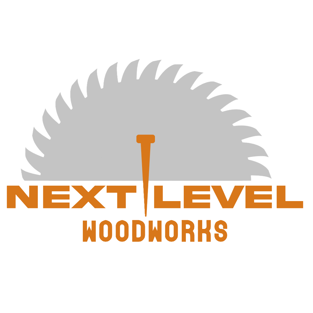 A logo for 'Next Level Woodworks' features a circular saw blade with the text 'NEXT LEVEL' above and 'WOODWORKS' below.