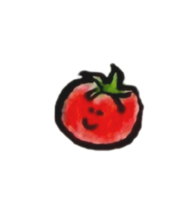 A drawing of a tomato with a smiling face and green stem.
