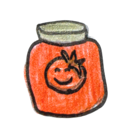 Drawing of a tomato jar with a smiling face and a label with a smiling fruit.