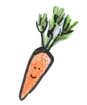 A drawing of a smiling cartoon carrot with green leaves.