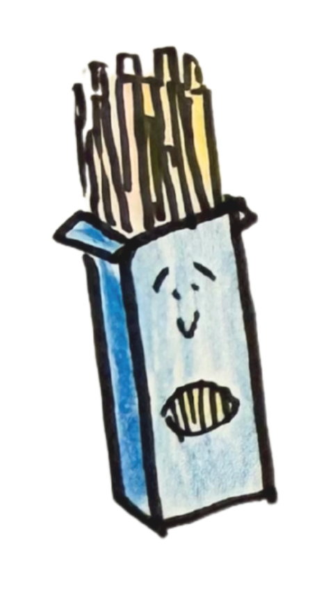 A drawing of a box of spaghetti with a smiling face on the front.