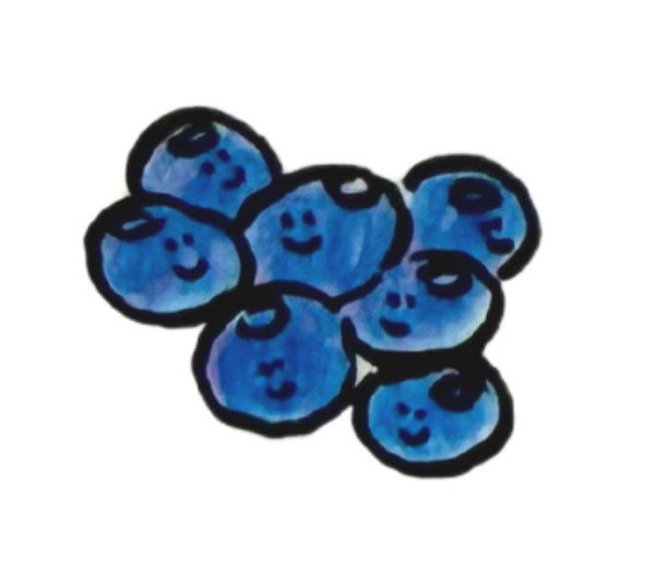 Hand-drawn illustrations of seven blueberries with smiling faces, grouped together.