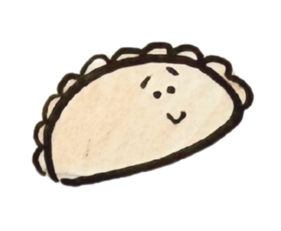 A cartoon doodle of a pierogi with a smiling face and curly edges.