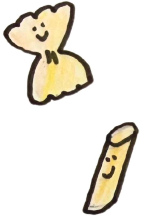Drawing of a bunch of smiling pasta.