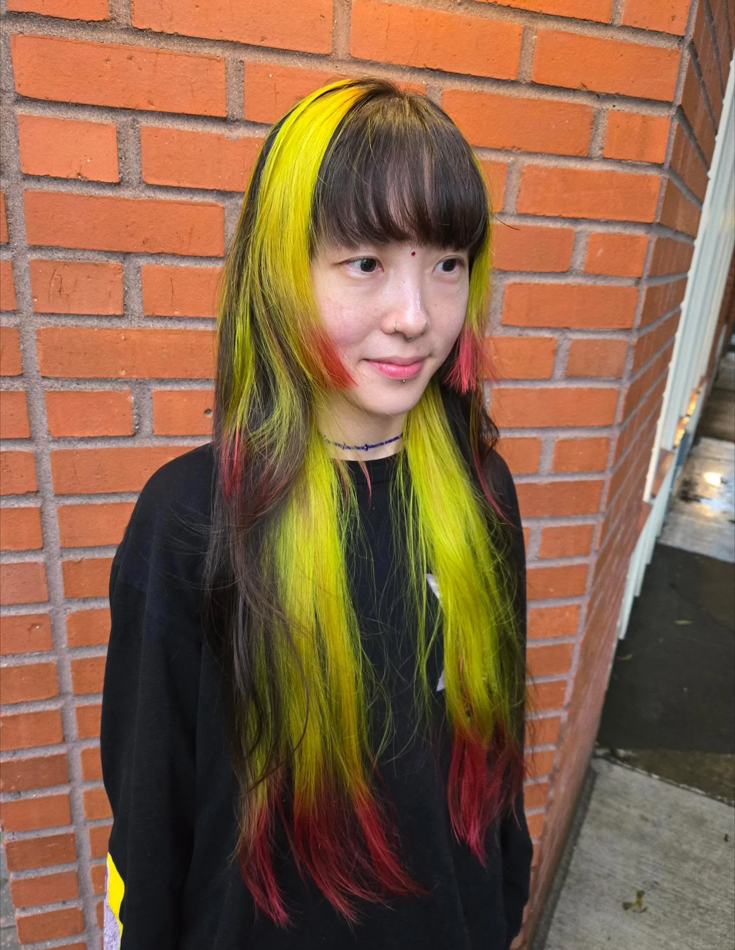 A person with long, multi-colored hair that transitions from yellow at the top to pink and red at the bottom, standing against a brick wall.