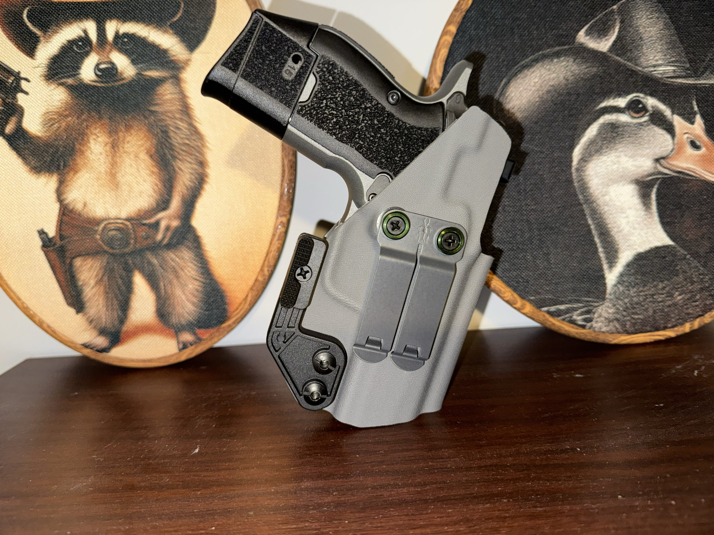 A semi-automatic pistol gun posed between two wooden plaques with cartoon-style images of a dog and a duck. The gun is silver and black with green screws visible on the lower part.