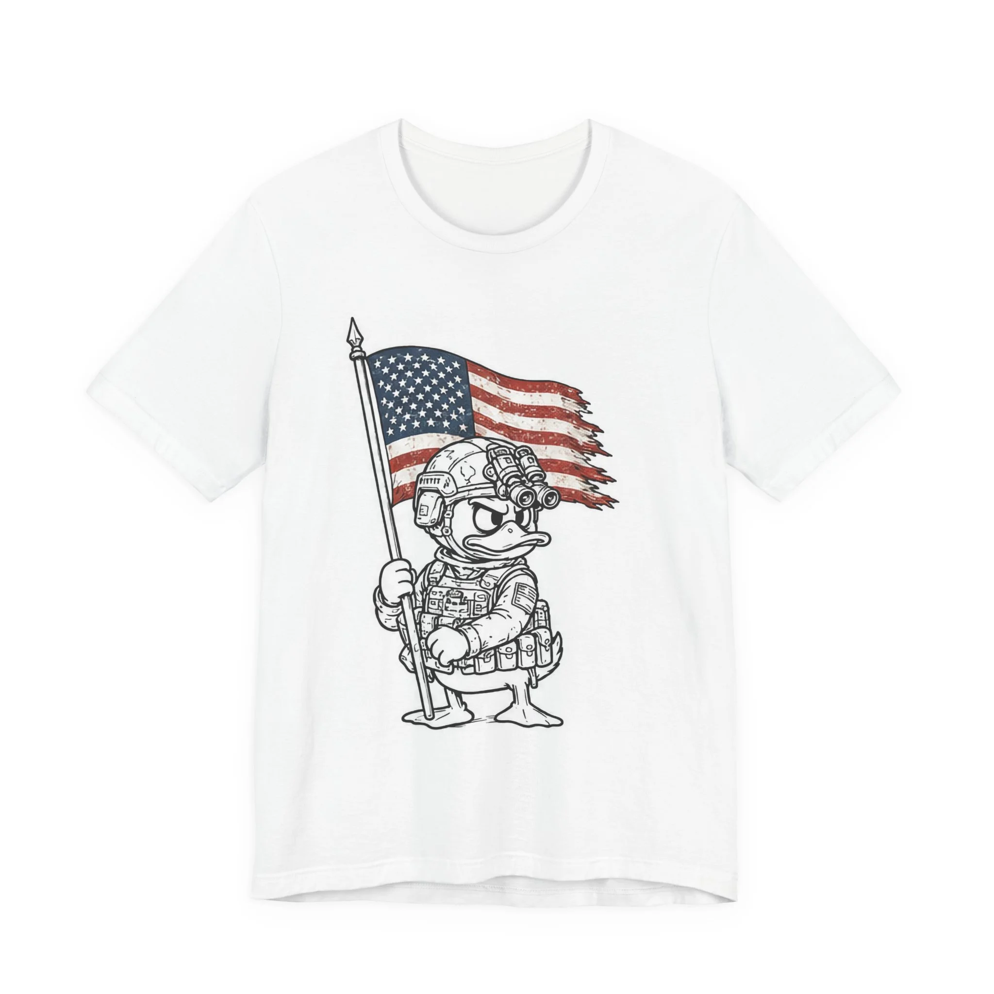 Patriotic Soldier Duck T‑Shirt — American Flag Military Cartoon Tee Current Service Style
