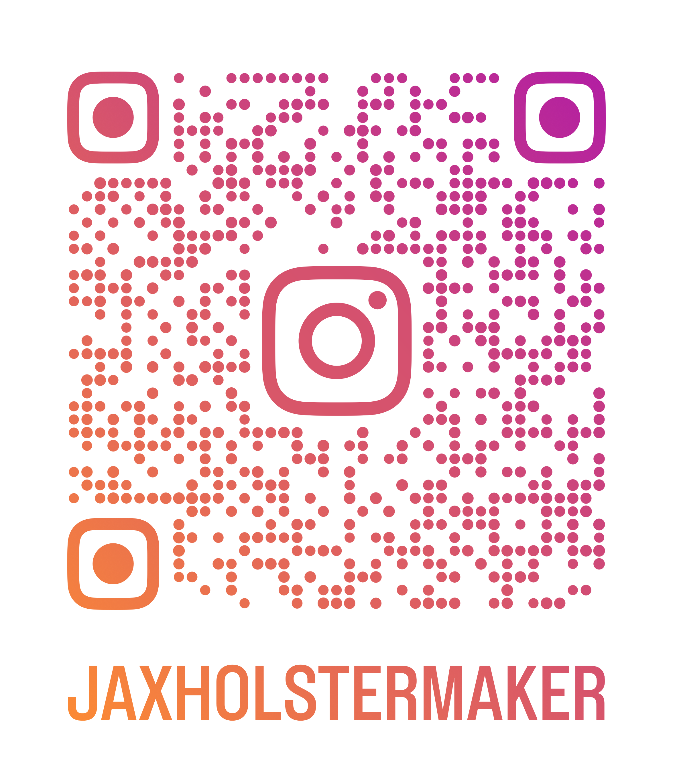 A QR code with a pink and purple gradient, and a stylized camera icon in the top left and top right corners. Below the QR code, there is orange text that reads, 'JAXHOLSTERMAKER'.