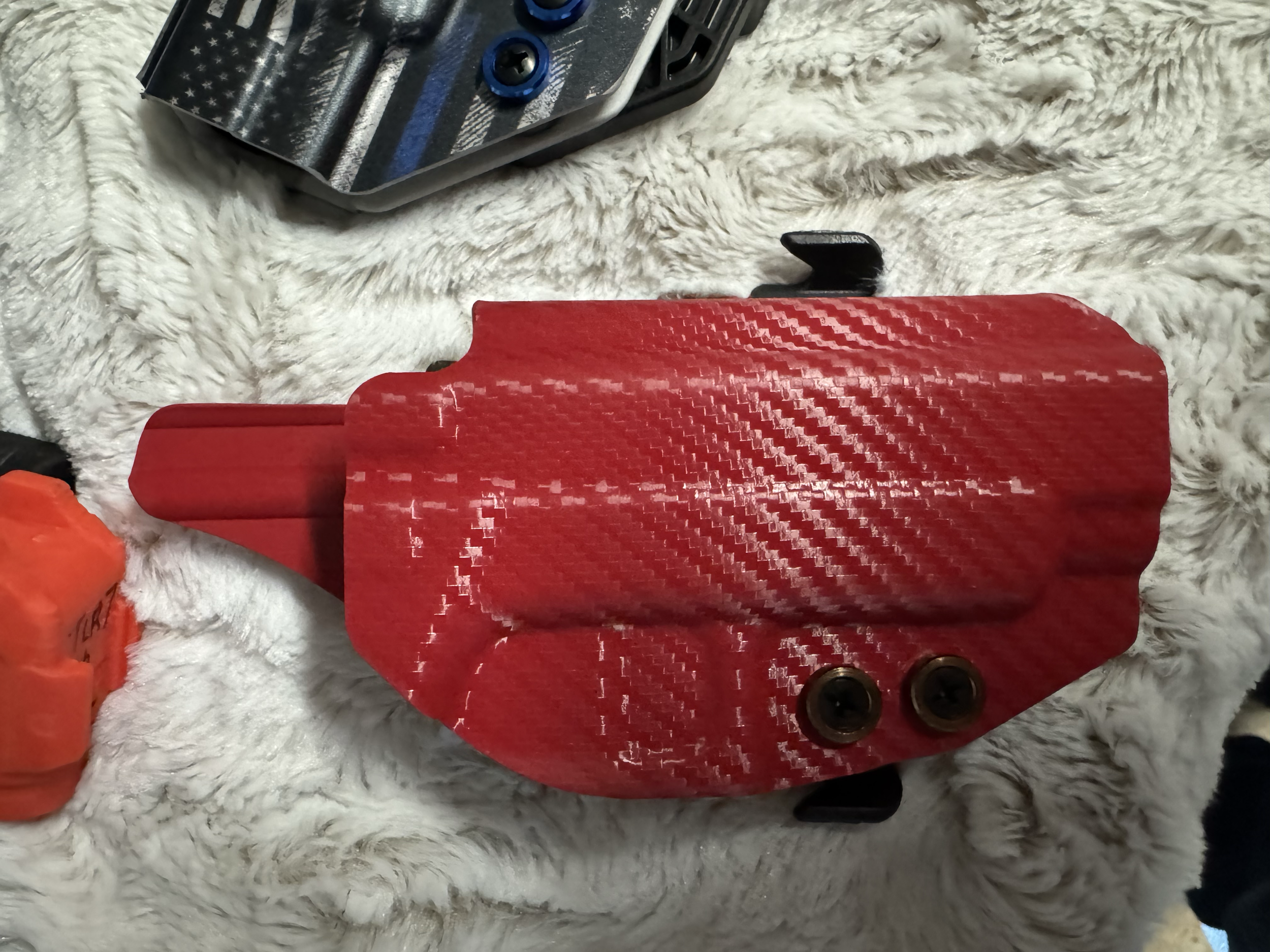 Glock 43x with ram jet holster  optic cut in EMT red carbon fiber, Paddle stlye OWB, many other models and options 