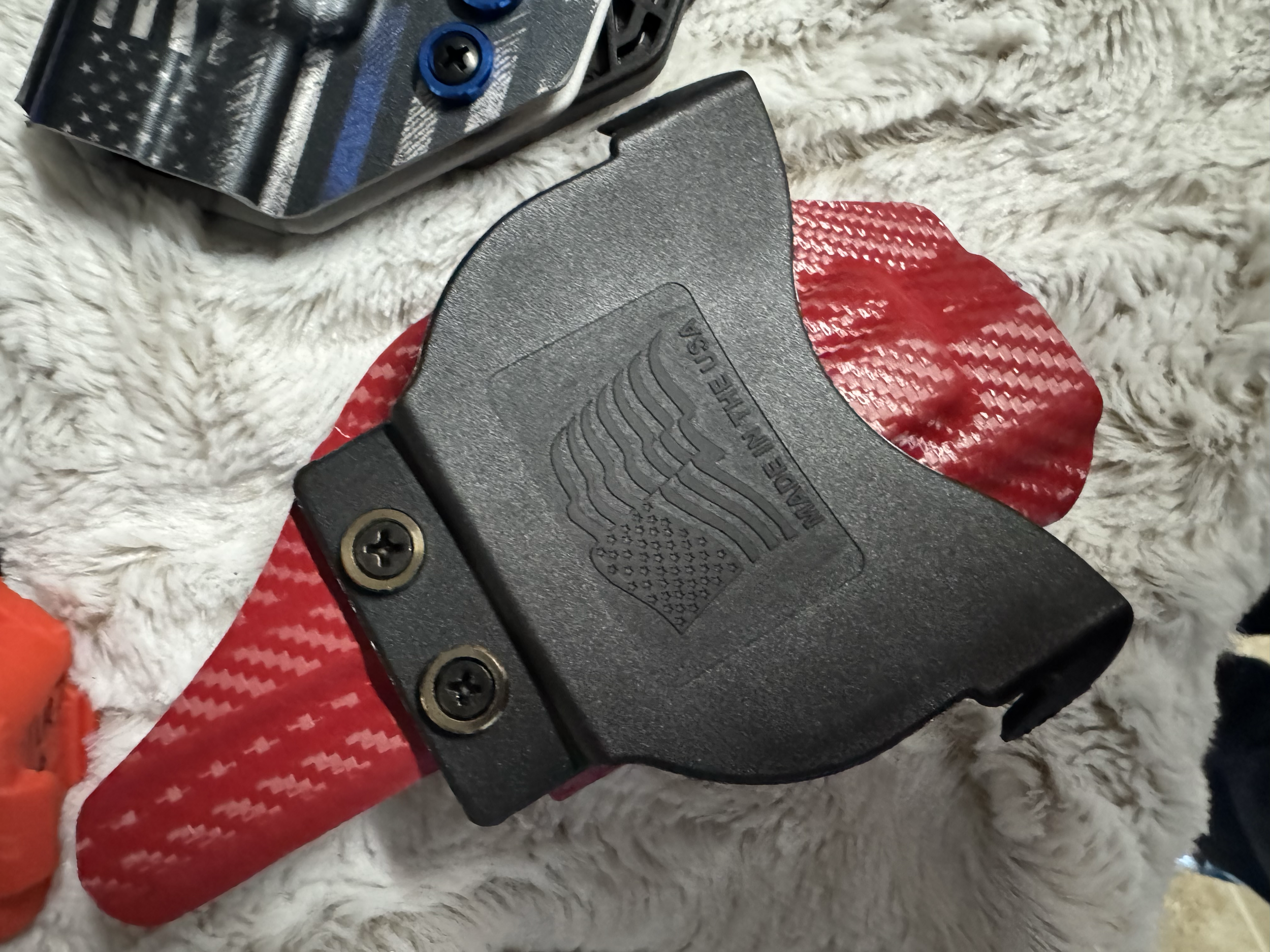 Glock 43x with ram jet holster  optic cut in EMT red carbon fiber, Paddle stlye OWB, many other models and options 