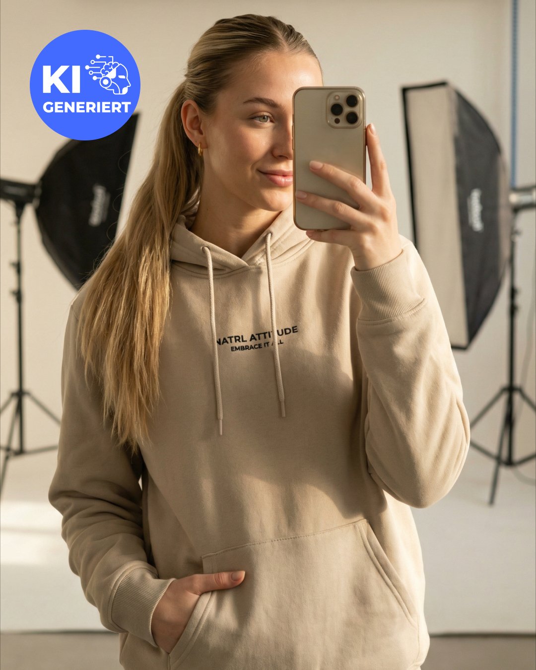 Eine junge Frau mit langen blonden Haaren macht ein Selfie in einem Fotostudio. Sie trägt einen beigen Hoodie. Im Hintergrund sind Studiolichter und Hintergrund-Equipment zu sehen.