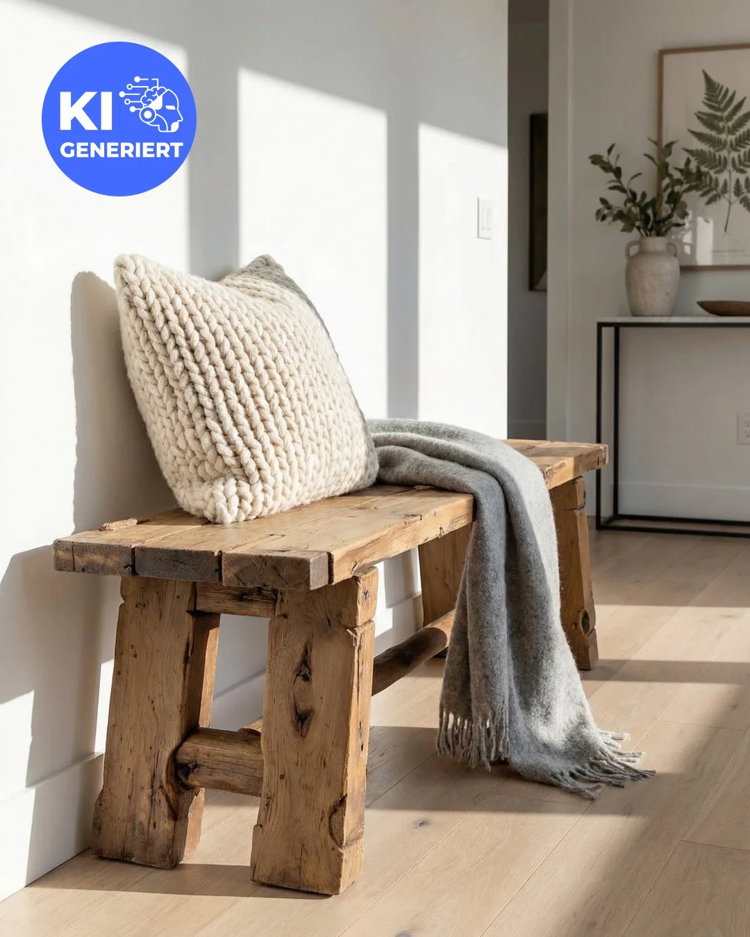 Gemütliches Interieur mit einer rustikalen Holzbank, einem grob gestrickten Kissen und einer weichen grauen Decke, die von Sonnenlicht beleuchtet werden.