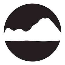 Abstract black-and-white circular design with mountain-like shapes and a reflective surface