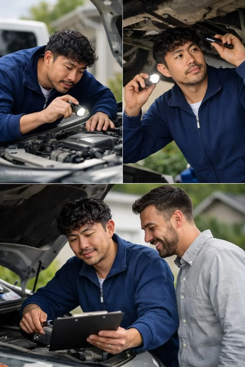 Three men inspecting a car engine while working together outdoors, one using a flashlight, others with a tablet and flashlight.