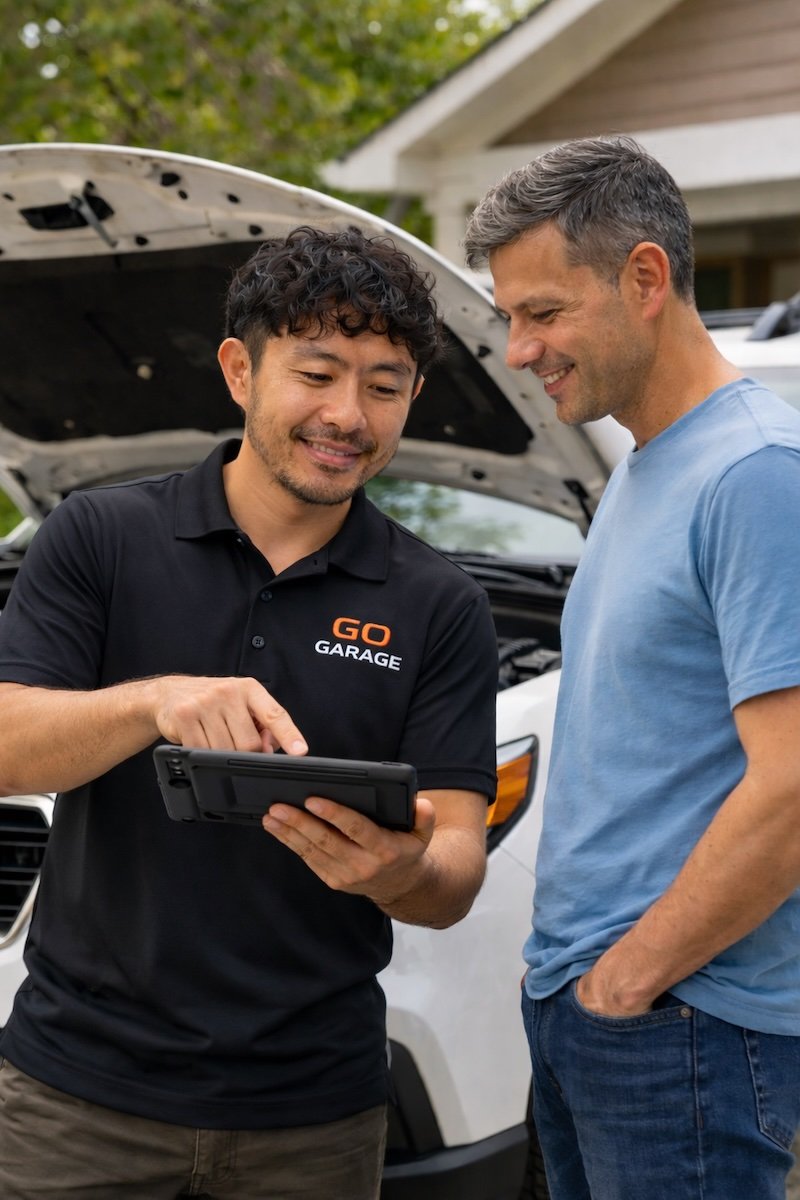 Edward and a customer reviewing a car issue during a mobile diagnostic visit in Gwinnett County.