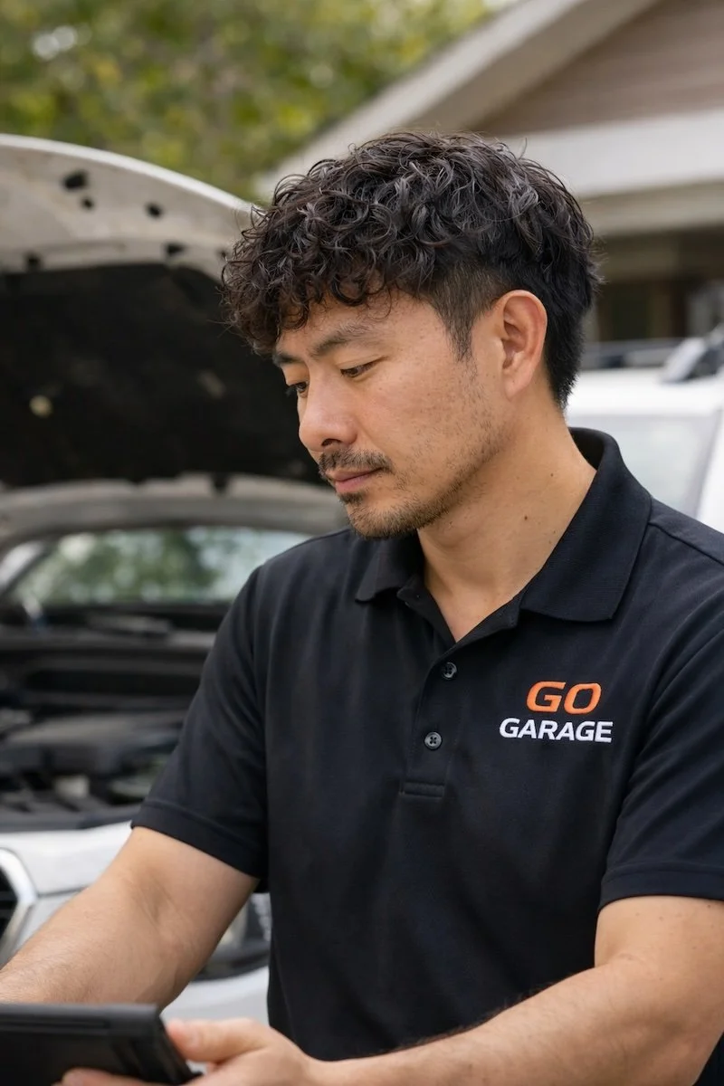 Edward, the mobile mechanic behind GO Garage, reviewing a service call next to a customer’s vehicle in Gwinnett County.