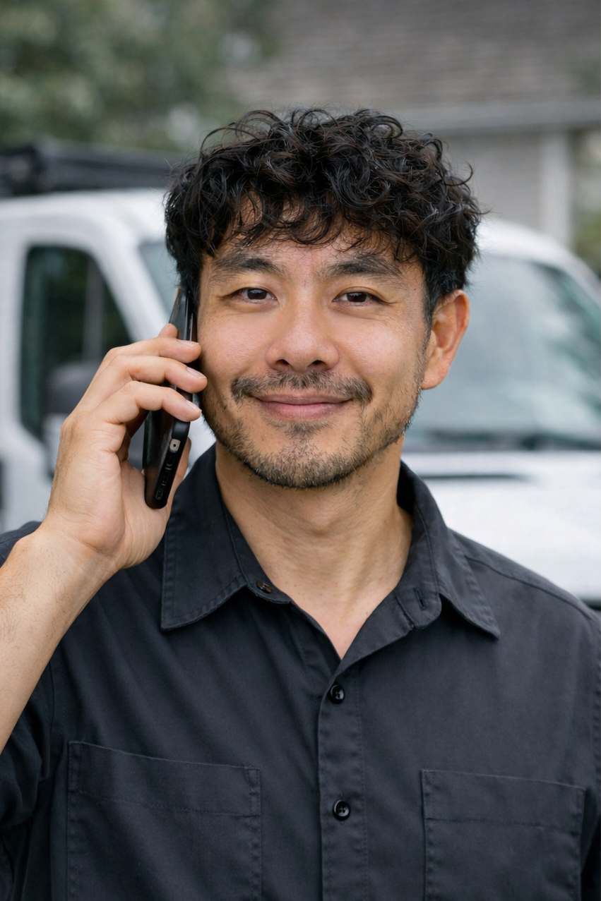 Mobile mechanic answering a customer call to schedule a brake job or suspension repair.